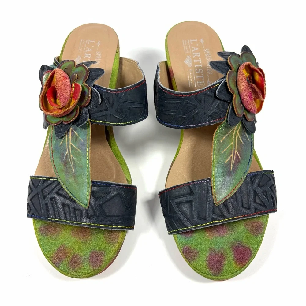 L’Artiste Spring Step Shayla Floral Leather Wedge Sandals Sz 40 9-9.5 - Picture 4 of 10